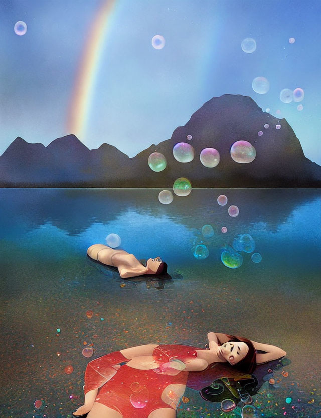 Surreal image of two women in water under rainbow and mountains