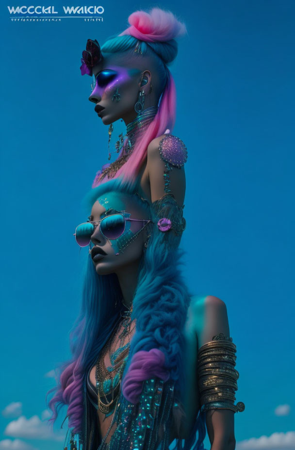 Futuristic models with vibrant blue and purple skin tones in avant-garde fashion