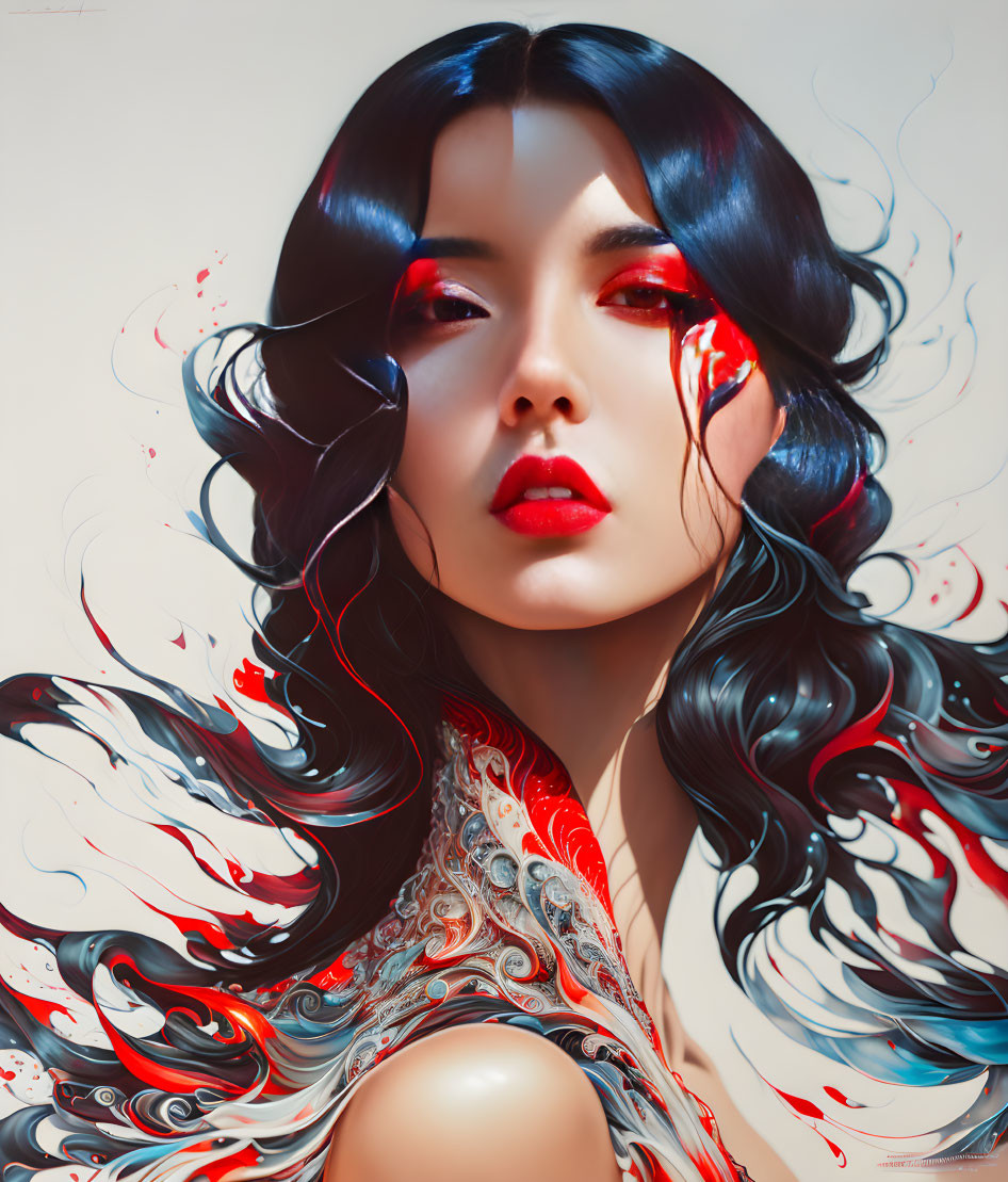 Digital Artwork: Woman with Dark Hair and Red Streaks