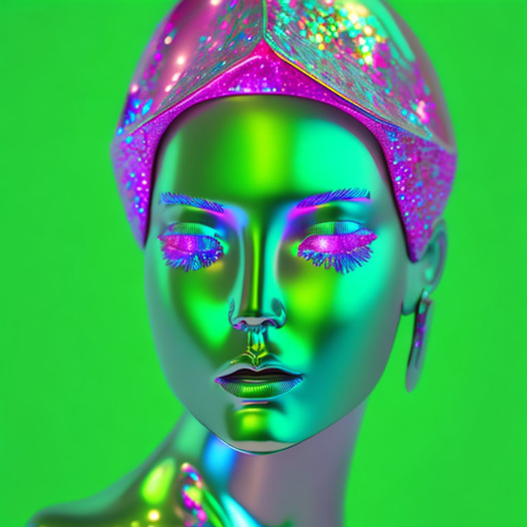 Colorful digital artwork: Person with pink headscarf, green skin, vibrant makeup on green background