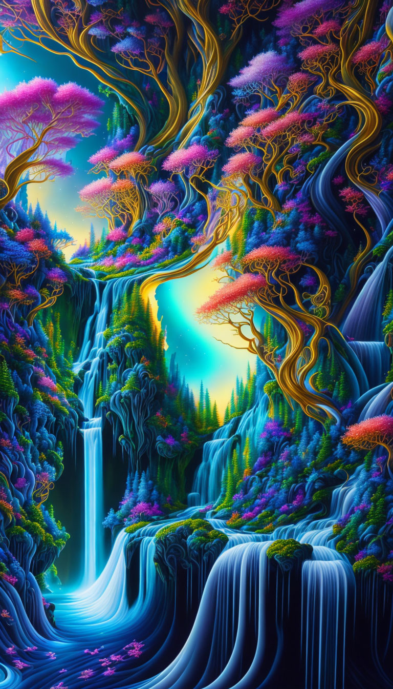 Fantastical landscape with waterfalls, luminescent flora, and swirling trees