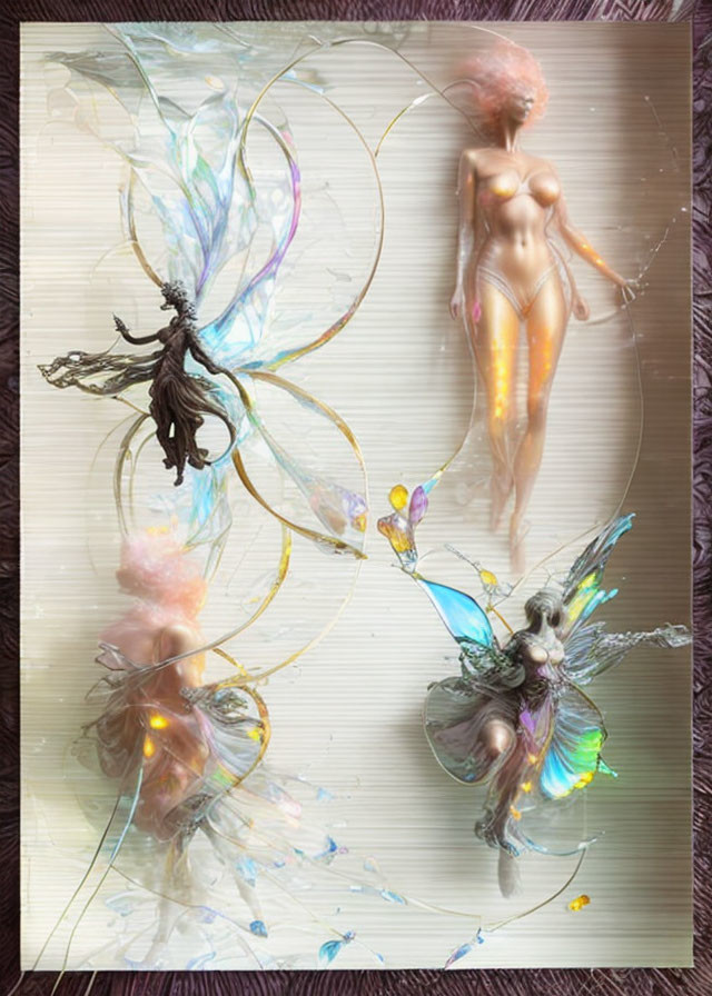 Three ethereal beings with delicate wings in a fantastical setting.