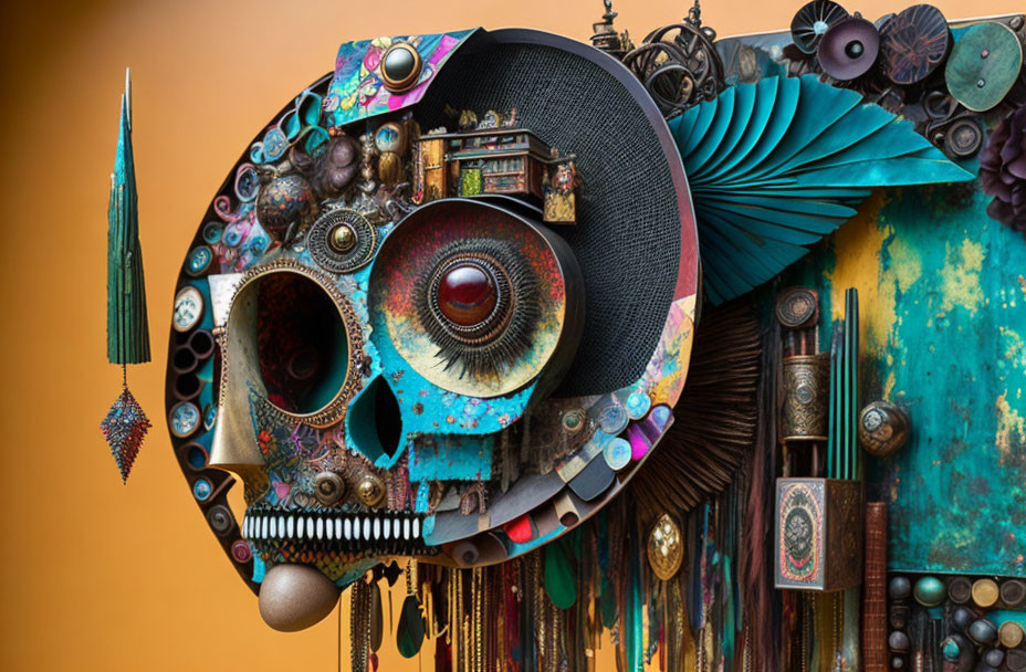 Colorful Steampunk-Inspired Skull Art with Eclectic Textures and Patterns