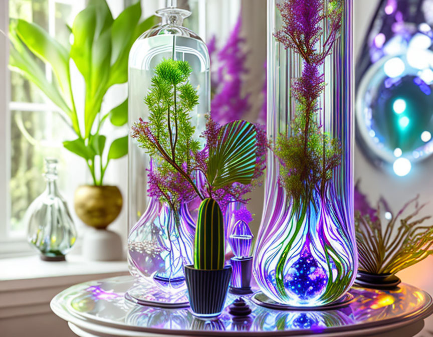 Colorful translucent plant terrariums with intricate patterns on reflective surface.