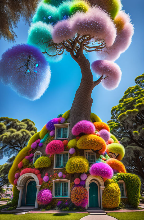 Colorful whimsical tree and charming house under blue sky