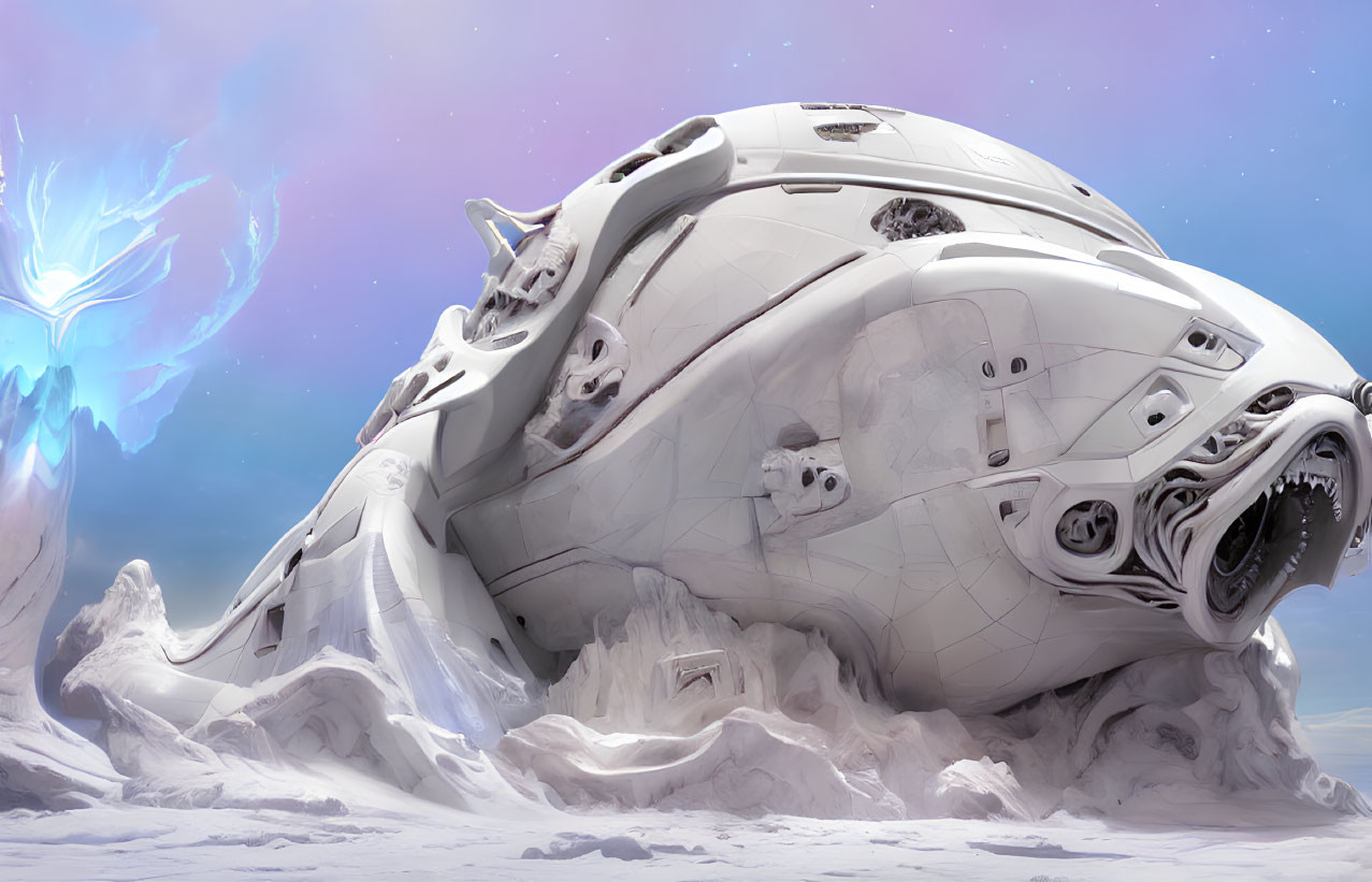 Futuristic spaceship crash in snowy landscape with blue energy emission