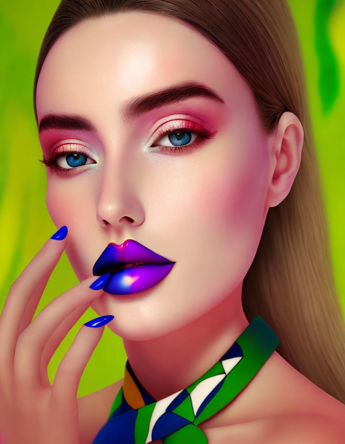 Colorful makeup woman against green background.