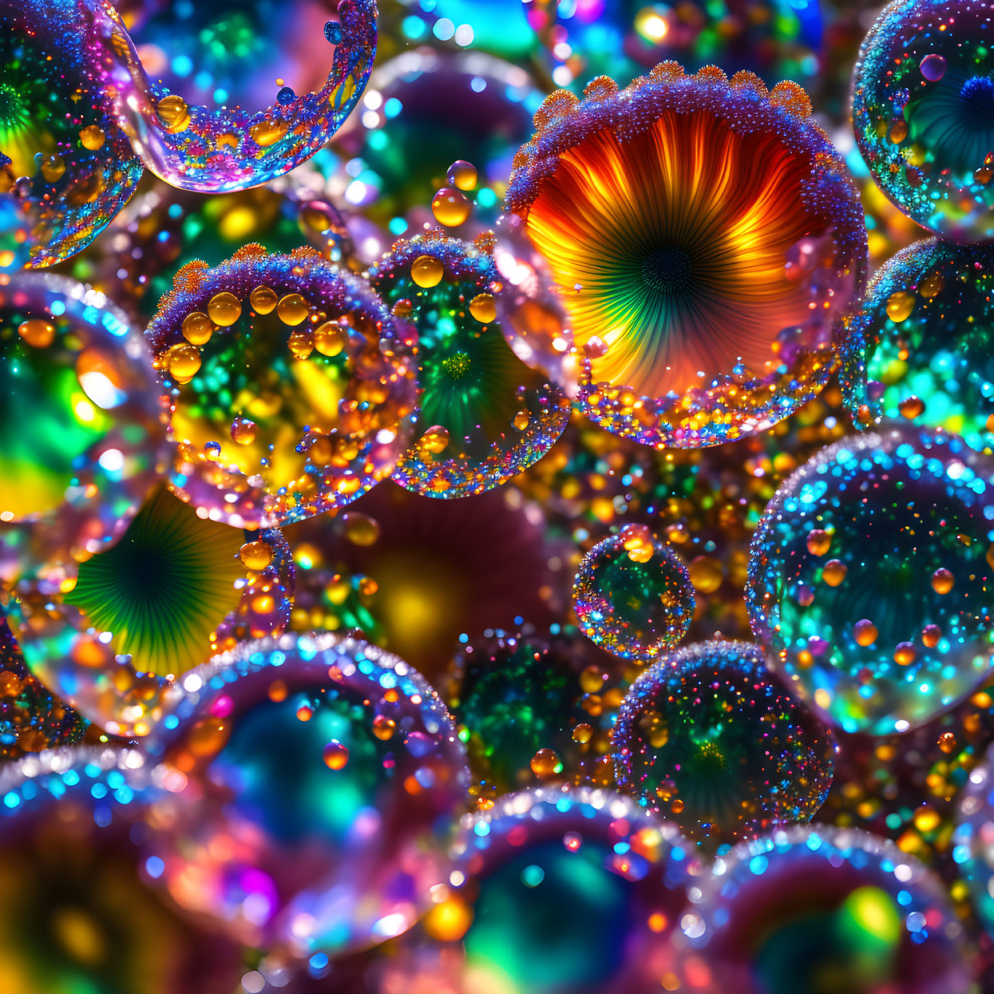 Colorful Glittering Bubbles Reflecting in Kaleidoscopic Patterns