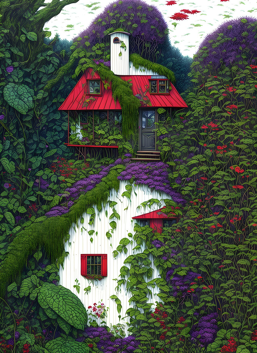 Whimsical white house with red roof in lush green forest