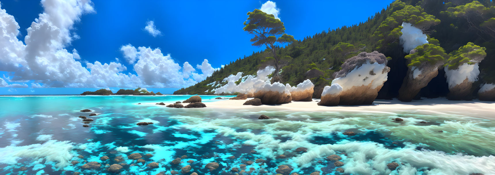 Tropical beach panorama with blue water, white sand, boulders, greenery, and dramatic