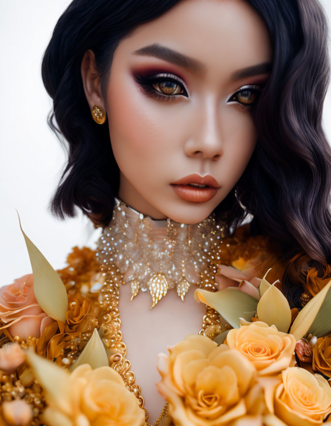 Woman with bold makeup, wavy hair, golden accessories, and yellow flowers.