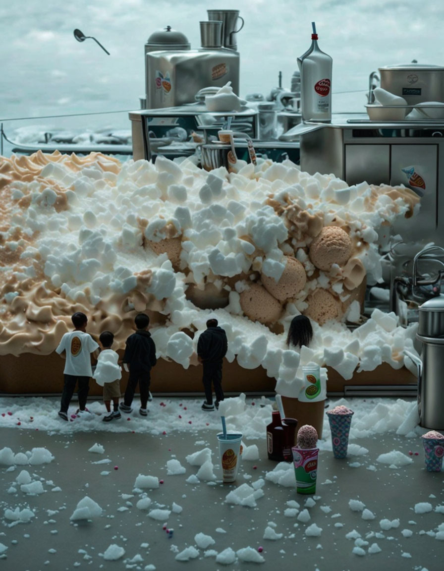 Messy kitchen scene with foam, kids, and food containers