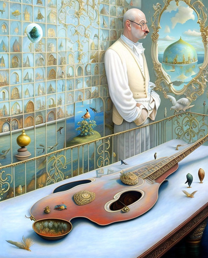 Bald Man with Glasses and Ornate Guitar in Surreal Setting