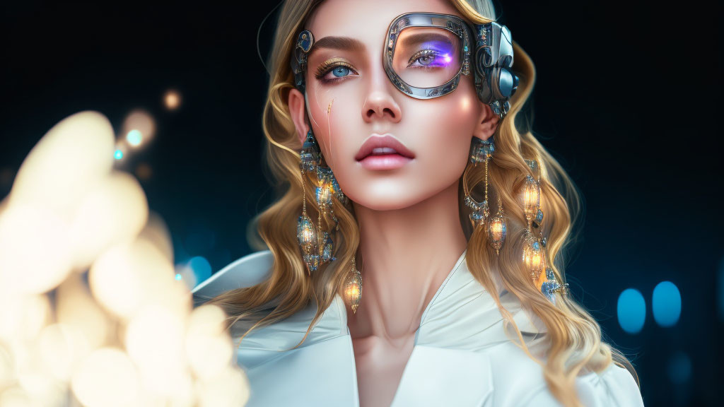 Futuristic eyewear on woman in golden light against dark blue backdrop