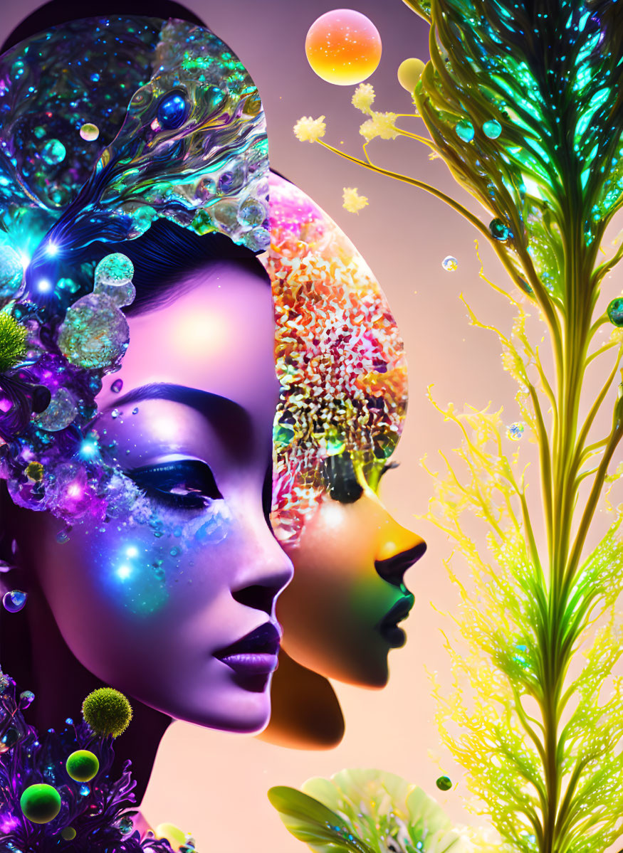 Colorful surreal artwork: Two faces with cosmic and floral elements