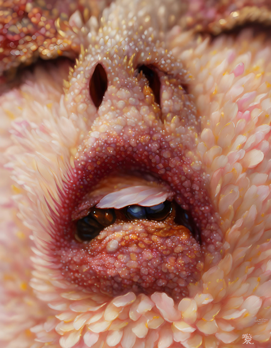 Detailed view of starfish mouth and central area with pink and orange hues and dark shiny ossicles