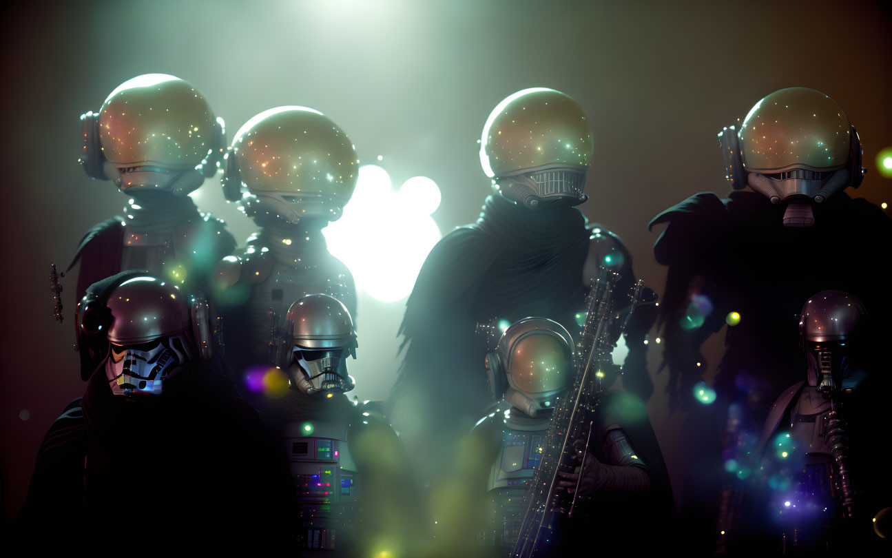 Futuristic soldiers in reflective helmets in misty ambiance.