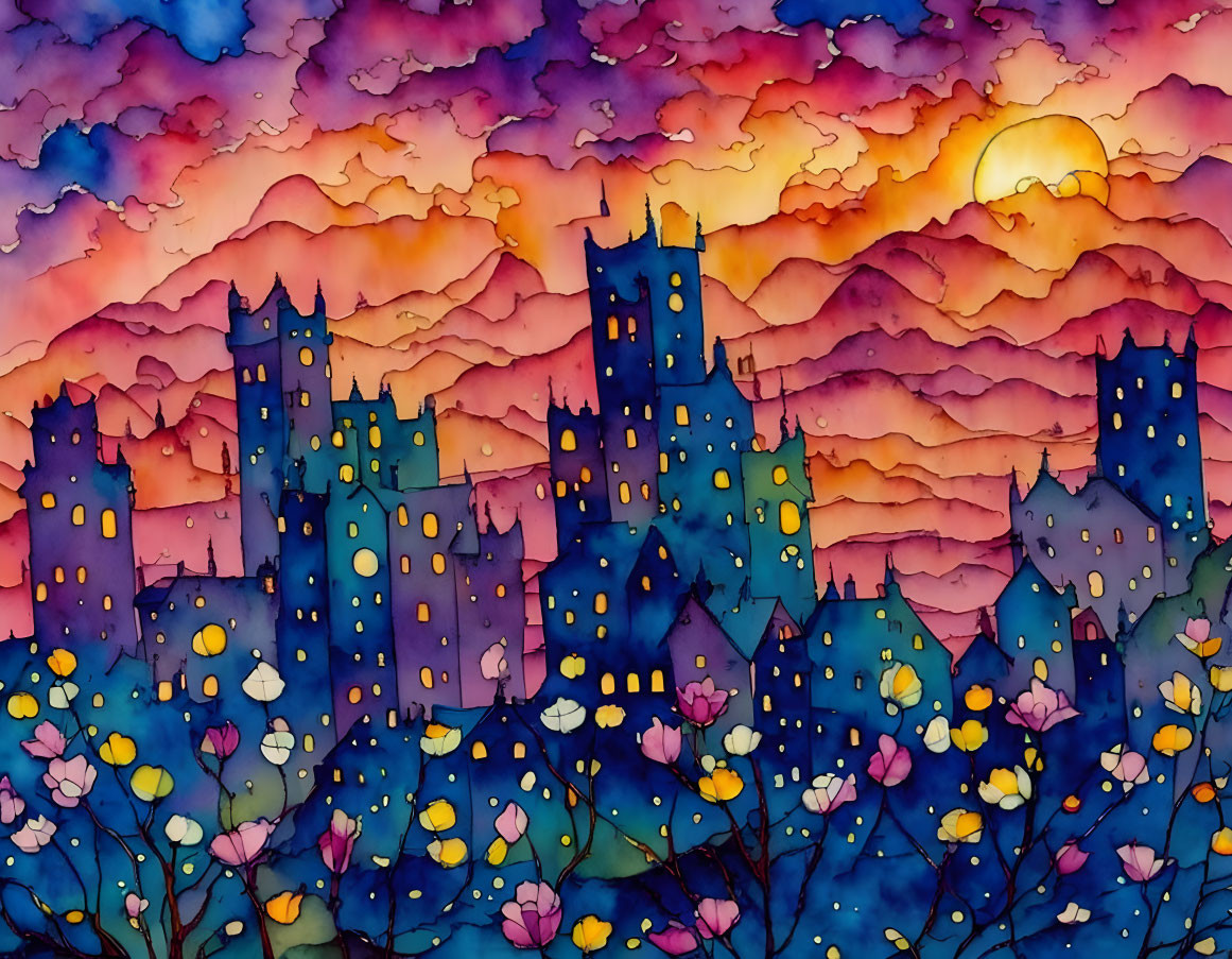 Colorful Watercolor Cityscape at Sunset with Pink, Purple, and Orange Hues