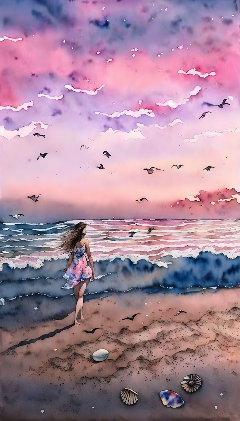 Person in floral dress walks on beach at twilight with colorful sky, birds, and scattered shells.