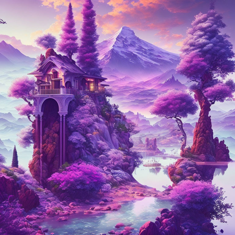 Fantastical landscape with cozy house, lush foliage, serene lake, and majestic mountain.