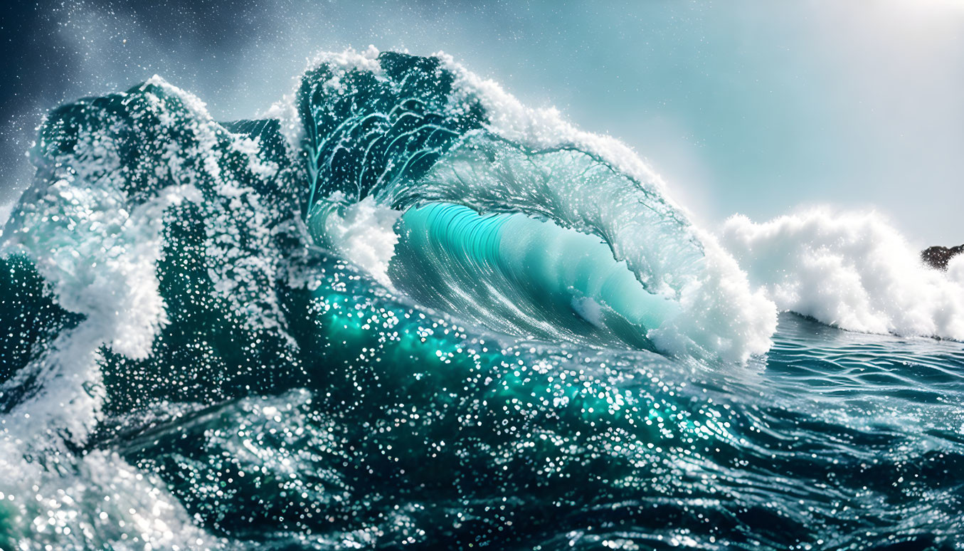 Majestic aqua-green wave cresting under partly cloudy sky