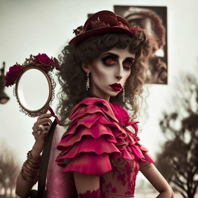 Person in dramatic vintage attire holding mirror with stylized makeup