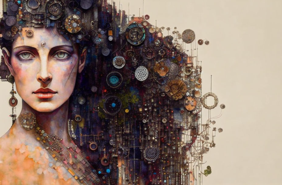 Surreal portrait of woman with mechanical parts and gears in hair