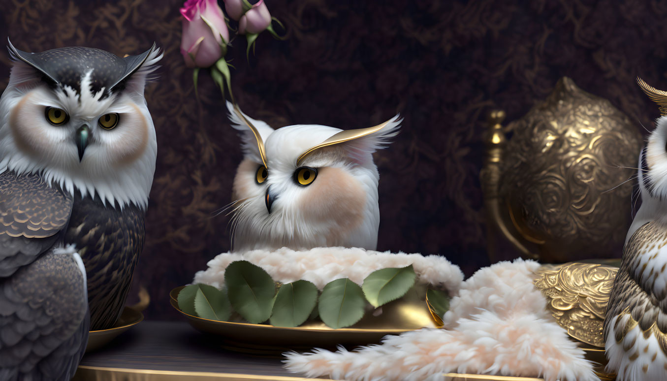 Stylized owls with feathered "eyebrows" in luxurious decor