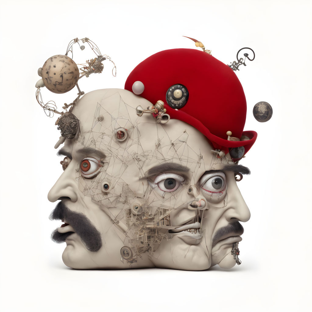 Surrealist head sculpture with multiple facial features and mechanical elements