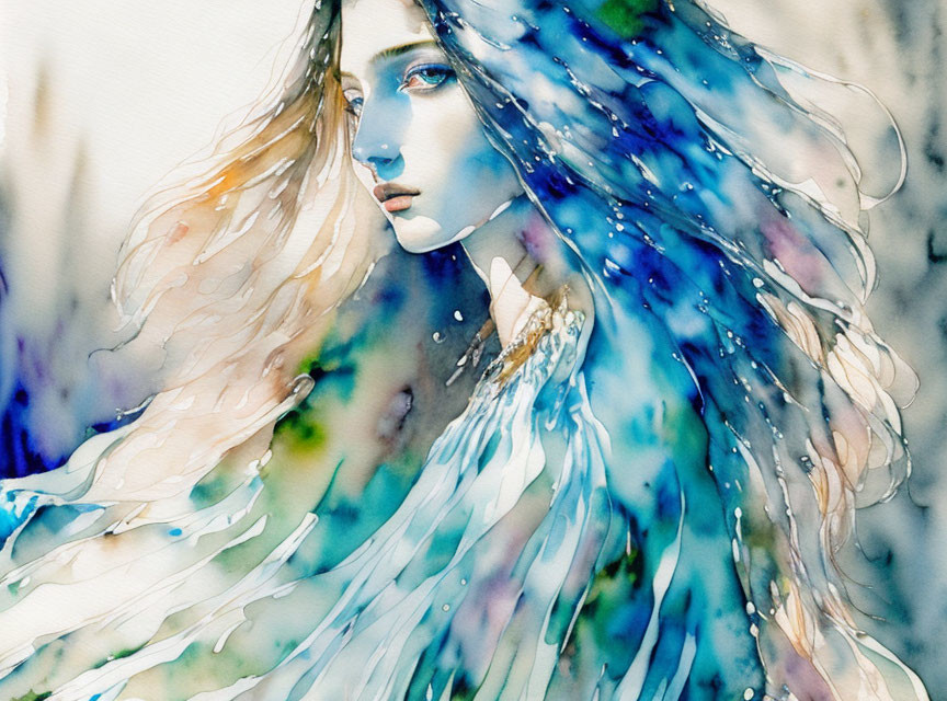 Abstract watercolor painting of a woman with flowing blue and aqua hair.