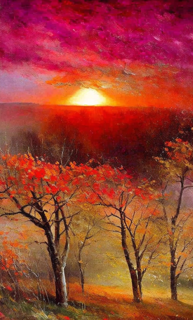 Colorful sunset painting with pink and orange skies over autumn landscape.