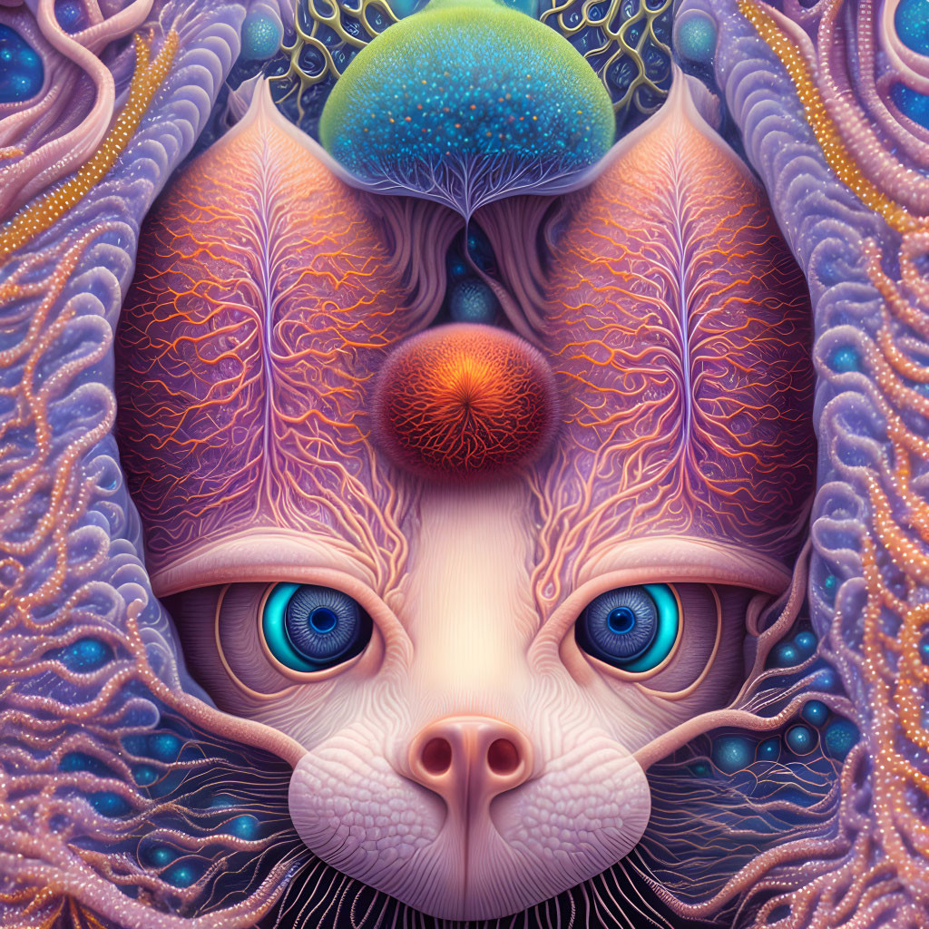 Colorful surreal cat face with cosmic patterns and glowing orb