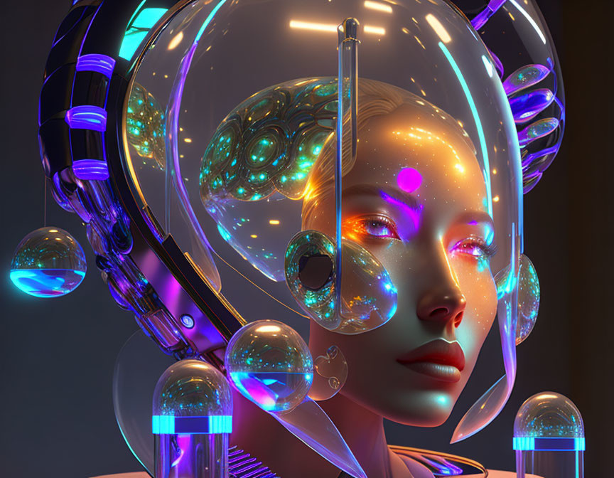 Futuristic female android with transparent helmet and glowing orbs on dark background