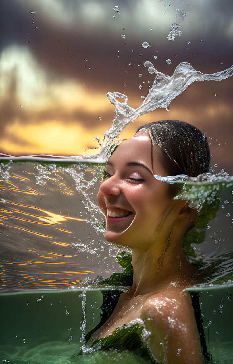 Woman emerges from water with splash under sunset sky