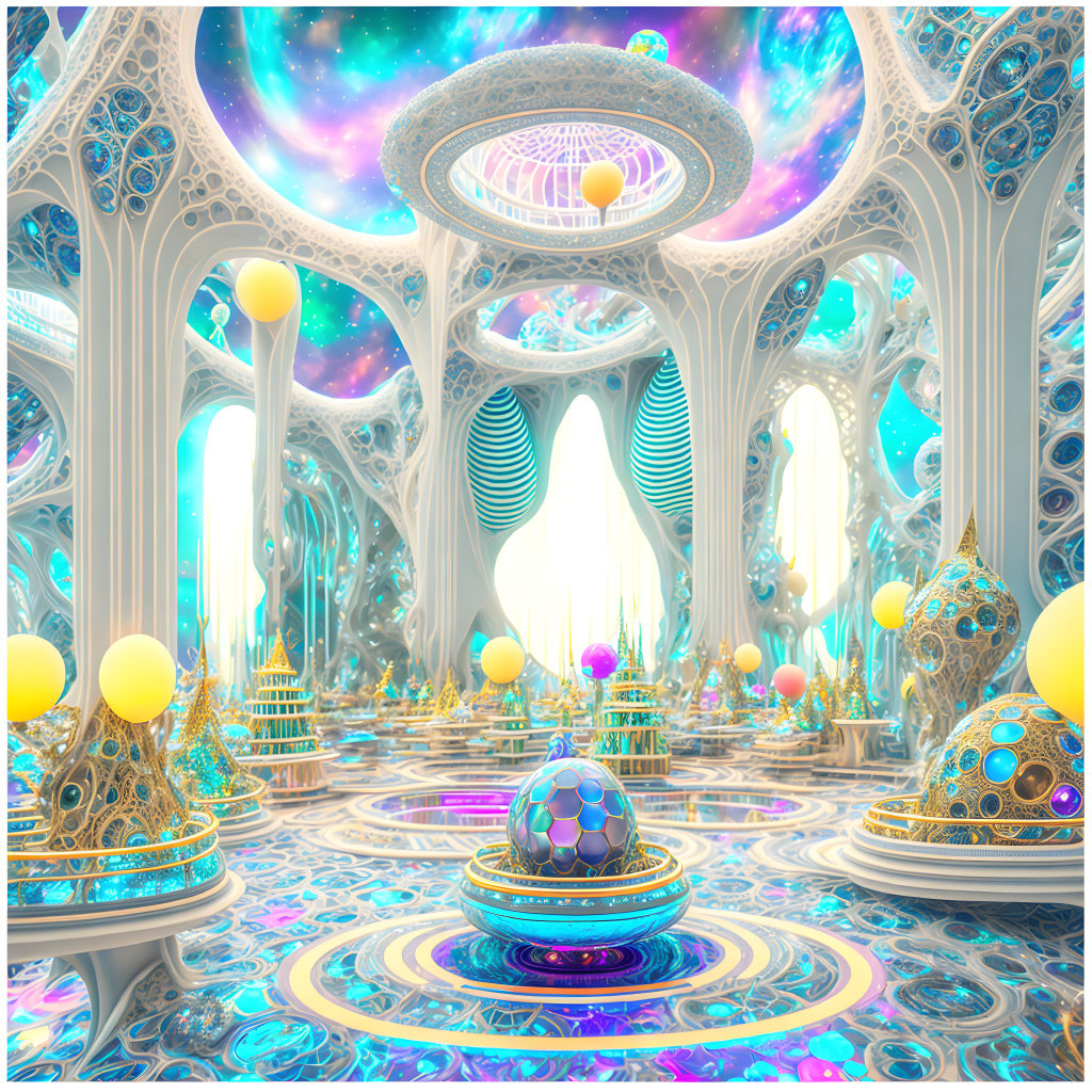 Fantastical interior with arches, orbs, and cosmic displays in pastel and neon hues