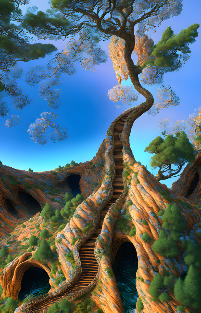 Surreal digital artwork of twisted wooden pathway and vibrant tree