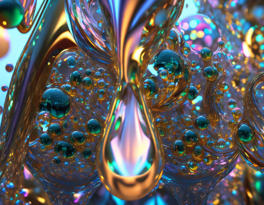 Colorful 3D abstract artwork with reflective swirls and spheres