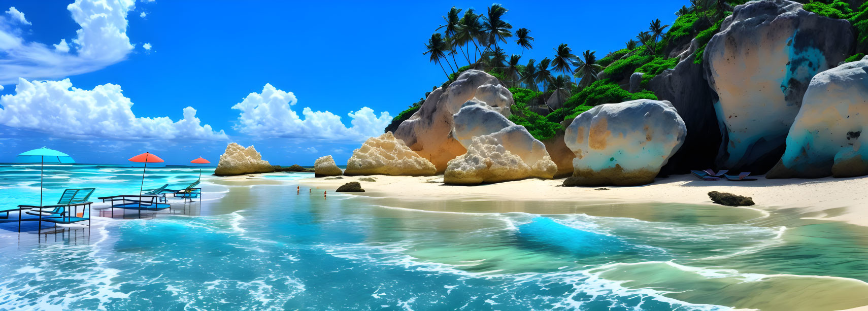 Sunny tropical beach with blue water, white sand, palm trees, rocks, umbrellas, and