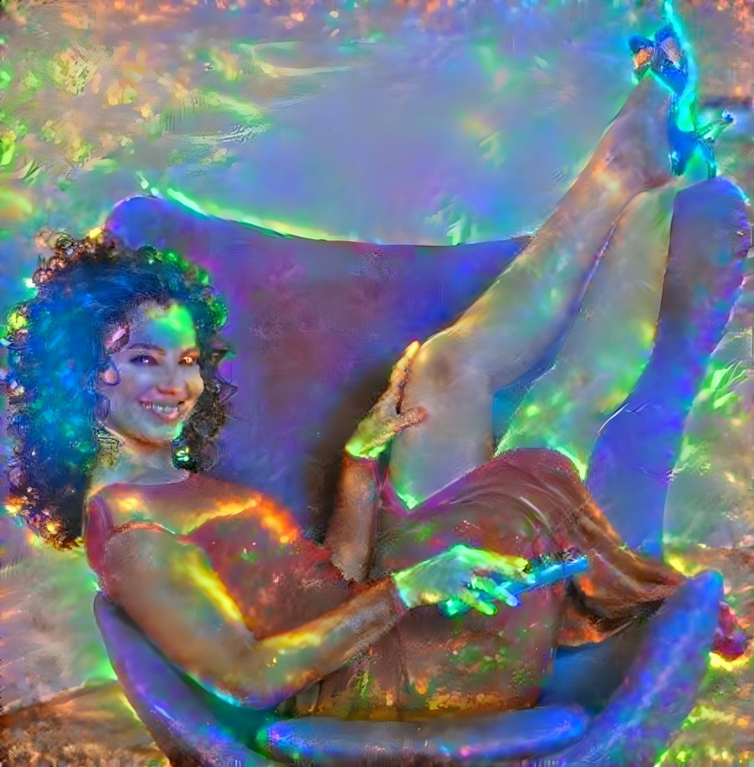 fran drescher on chair with legs, iridescent