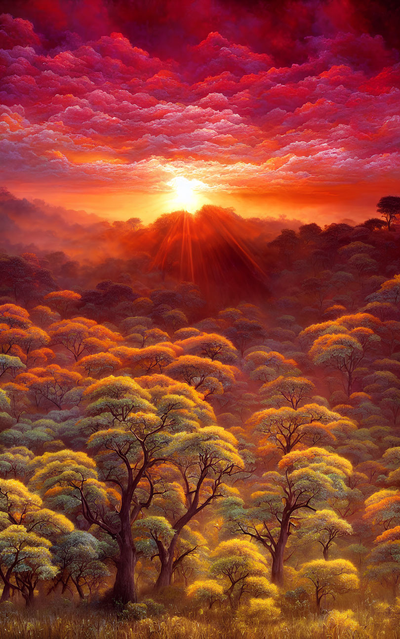 Colorful sunset sky over misty forest with orange trees and sunbeams.