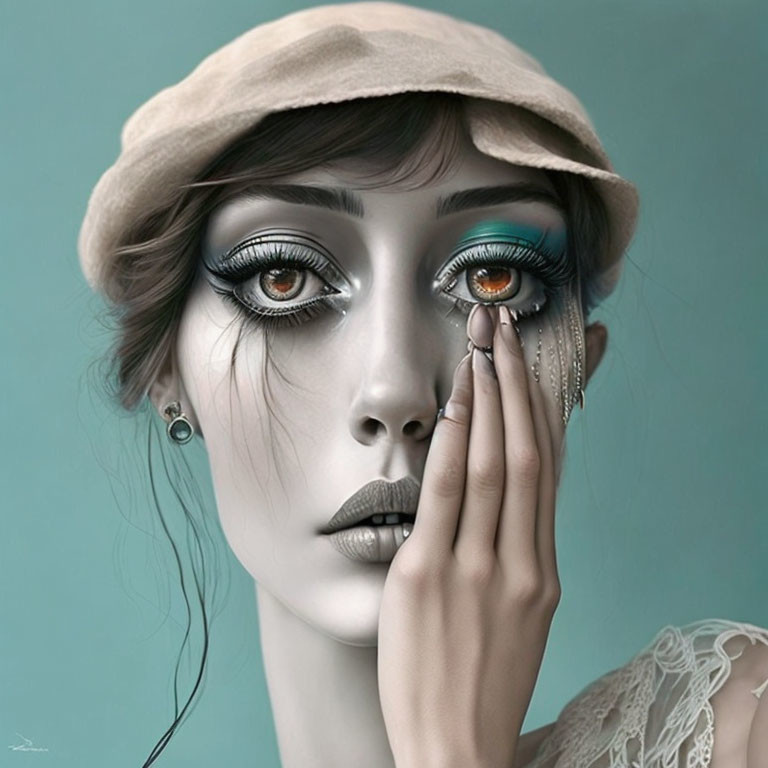 Stylized portrait of woman with large expressive eyes and teal makeup wearing beige cap and lace garment