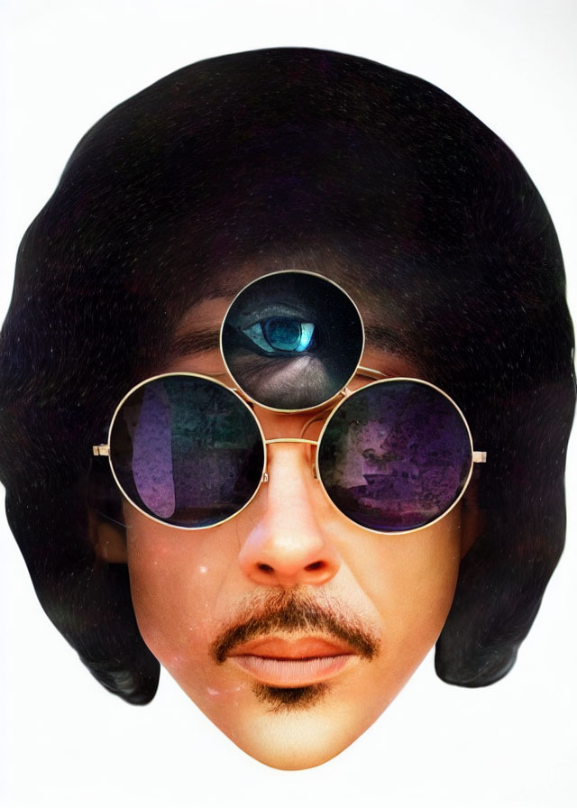 Person with Large Afro in Oversized Round Sunglasses Reflecting Cosmic Scene