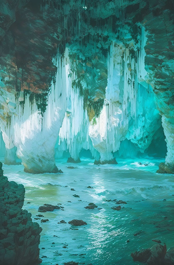 Turquoise-blue ice cave with icicles above reflective water