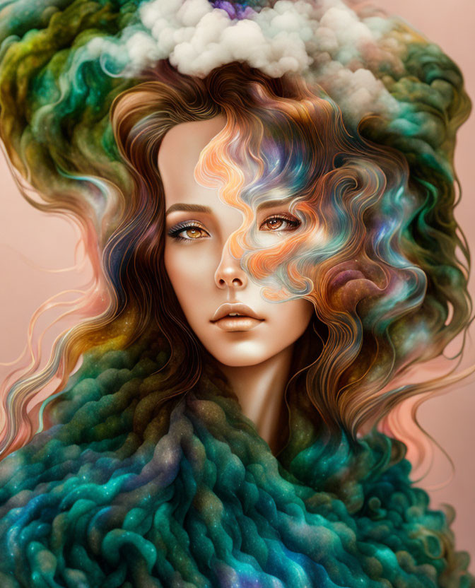 Colorful surreal portrait: woman with wavy hair merging into clouds on pink background