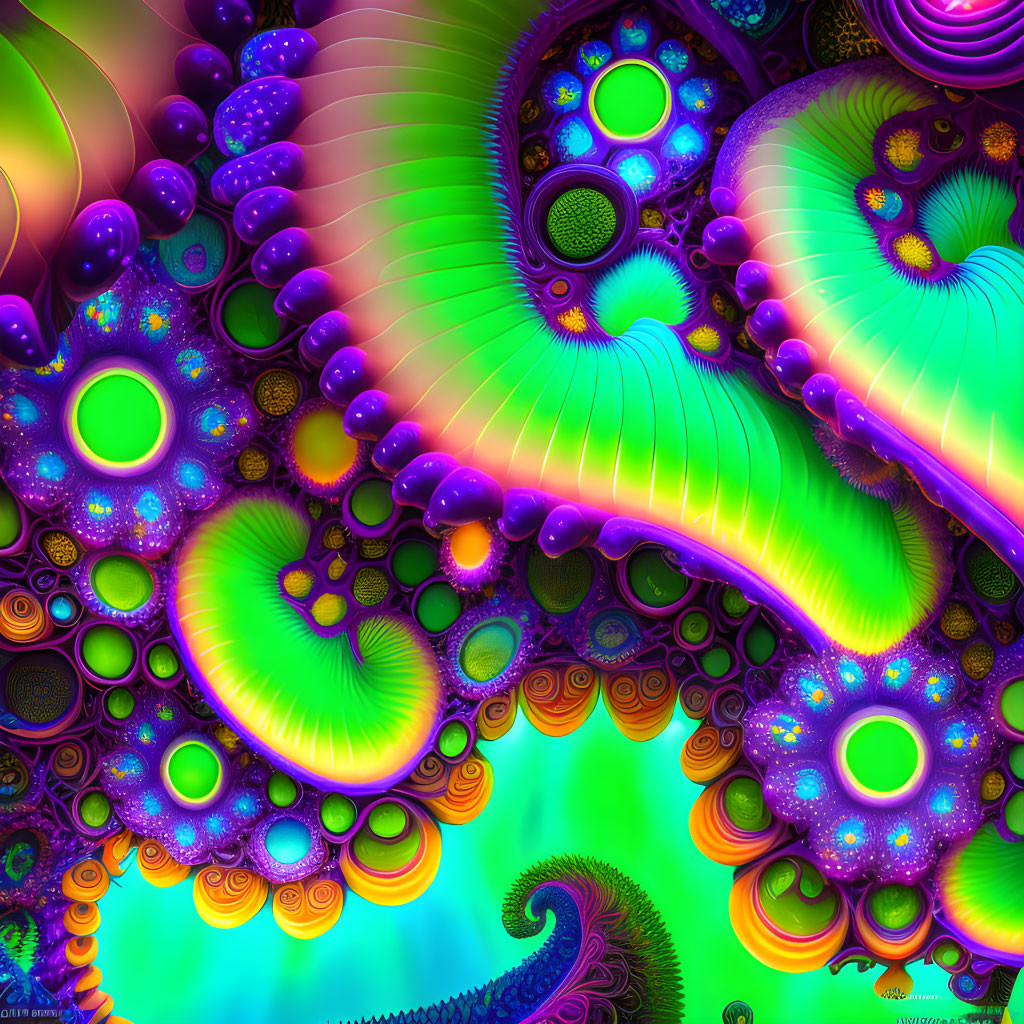 Colorful Abstract Fractal Art with Swirling Patterns in Greens, Purples, Circles,