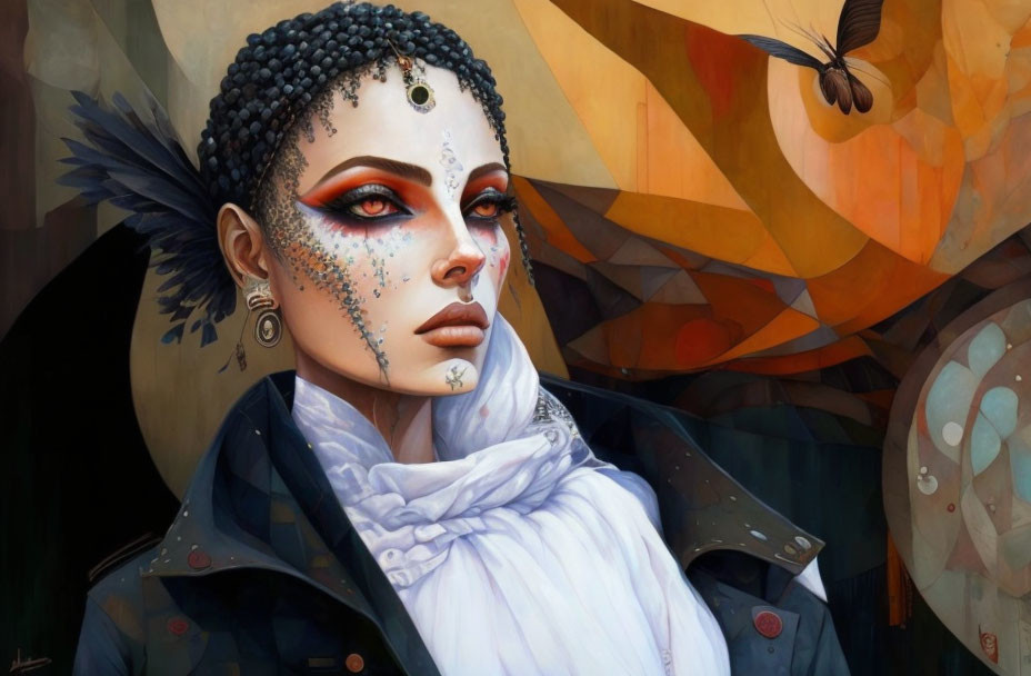 Digital painting of woman with ornate makeup, piercings, feather, and butterfly