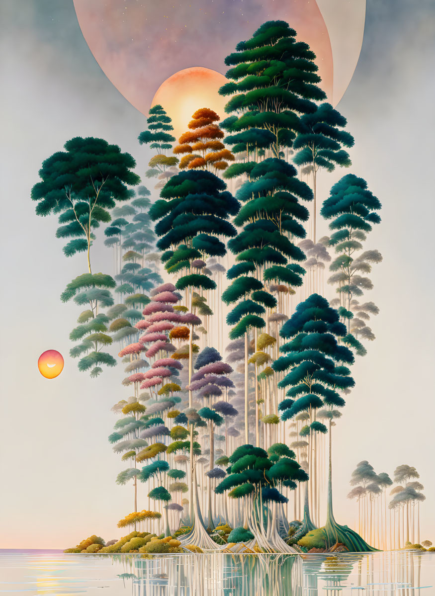 Vibrant surreal artwork: giant colorful trees, water, moon, setting sun