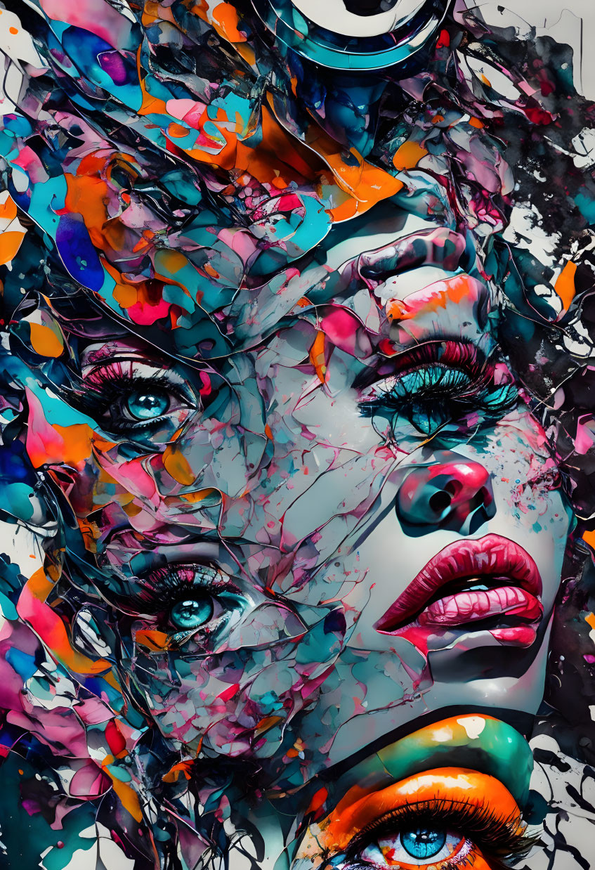 Colorful digital artwork featuring collage of female faces with swirling patterns.