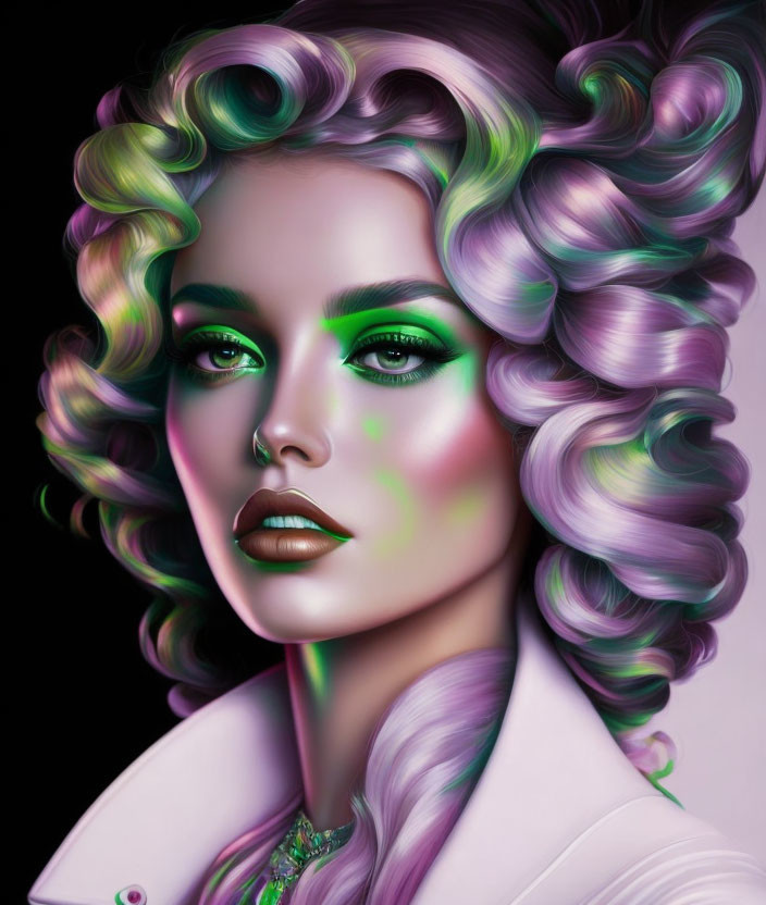 Vibrant digital portrait: Woman with curly purple and green hair, green eyes, matching makeup.