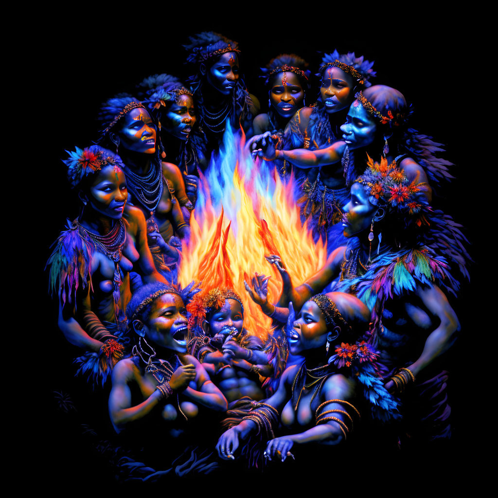 Group of people with body paint and tribal adornments around vibrant fire